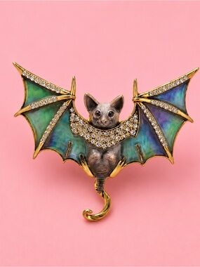 Gothic Bat Green Brooch Gold Accents